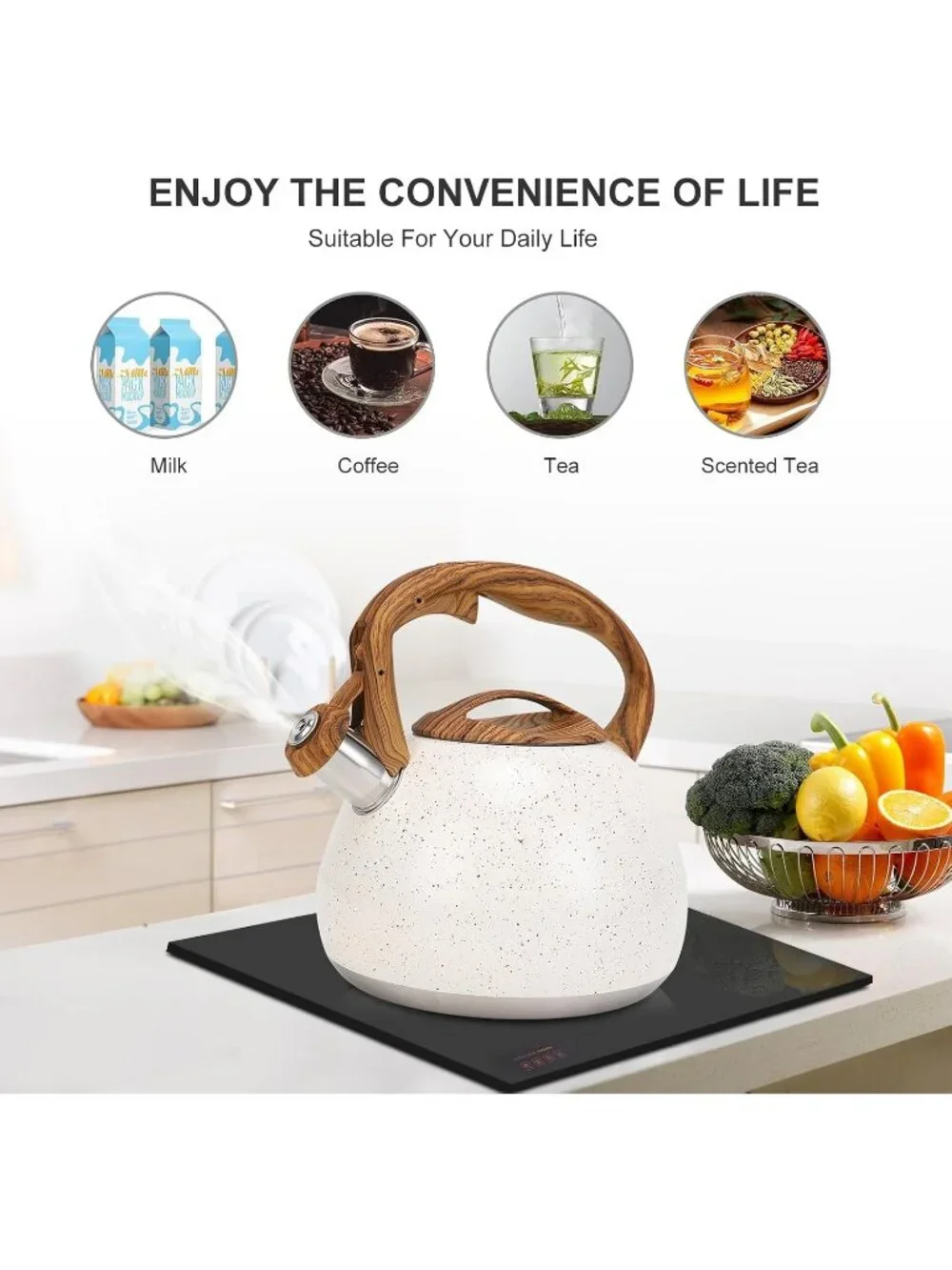 White Kitchen Whistling Tea Kettle 100 OZ / 3 L Stainless Steel Stovetop Teapot